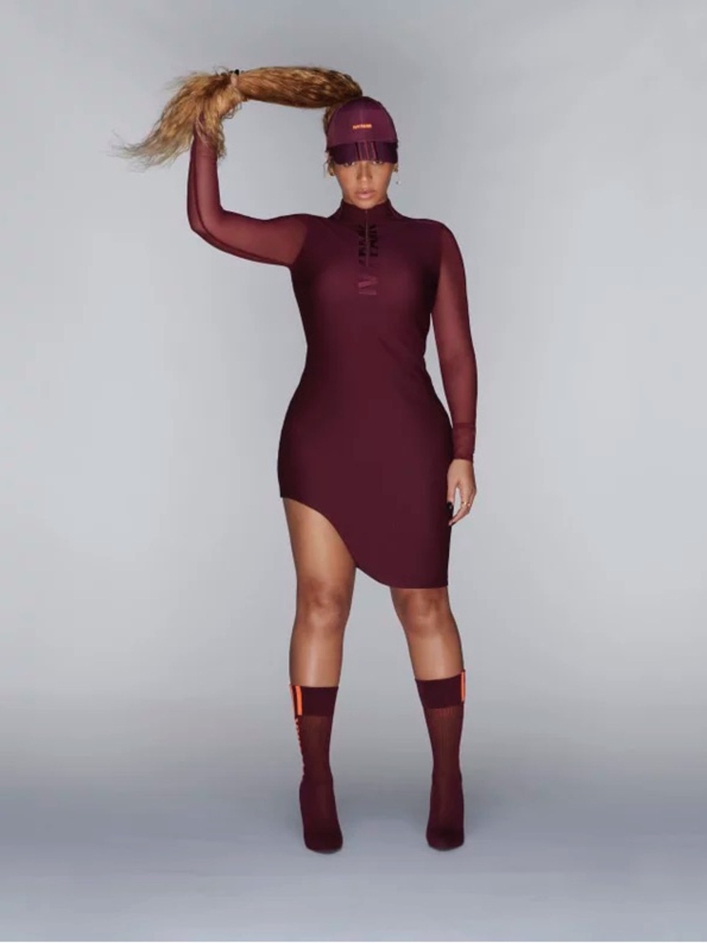adidas x IVY PARK Beyoncé Asymmetrical Mesh Sleeve Dress Burgundy Size L GK4904